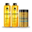 Três produtos de tratamento capilar da linha Supreme da marca TreeLiss Profissional. Dois frascos de plástico amarelos de 1 litro cada: shampoo e tratamento de reposição. Um pote dourado de 1kg contendo um btox capilar para recuperação intensiva.