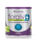 Lata de suplemento alimentar Floraliv 4 Fibras da Sanavita, com rótulo em tons de roxo e verde, indicando que auxilia no funcionamento do intestino.