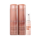 Dois frascos de shampoo e condicionador da linha Revival da marca Braé, em embalagens de 250 ml com tampa rosqueável, em tom de rosa claro. Também há um frasco de 100 ml do spray Essential, da mesma marca, para reparação capilar.