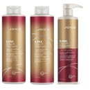 São três produtos de cuidados capilares da marca Joico: shampoo, condicionador e máscara "K-Pak Color Therapy". As embalagens têm uma cor predominantemente vermelha e dourada, com tampas e aplicadores brancos.