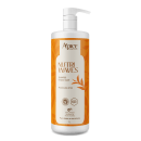 Shampoo da linha Nutri Waves da marca Apice Cosméticos. A embalagem é um frasco branco com uma bomba doseadora, com um rótulo laranja destacando o nome "Nutri Waves" e informações sobre o produto, como "Shampoo limpeza suave" e "Proteína do Arroz".