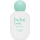 Rótulo com o texto "buba care BABY FRESH água de colônia sem álcool 100ml" na cor verde menta. Embalagem simples e minimalista, com destaque para o nome da marca e a indicação de que é um produto sem álcool para bebês.