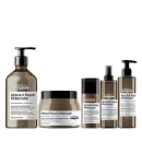 A imagem mostra um kit contendo um shampoo, uma máscara, um spray pré-tratamento, um sérum capilar e um leave-in, todos da linha Absolut Repair Molecular de L'Oréal Professionnel. Possuem o frasco com a cor marrom e tampa preta.