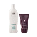 Frasco de shampoo com o nome "Silk Moisture" impresso no rótulo. O segundo item é um tubo de máscara de tratamento da linha "Inner Restore Intensif" da Senscience, com a embalagem em tom vinho escuro e o nome da marca destacado.