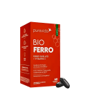 Bioferro é um suplemento alimentar de cápsulas da marca Puravida. A embalagem é uma caixa retangular vermelha com detalhes em verde. O nome "Bioferro" e a descrição "Ferro quelato + Vitamina C" estão em destaque na parte frontal da caixa.