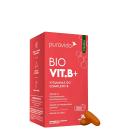 Suplemento alimentar Bio Vit.B+, vitaminas do complexo B da marca Puravida. Texto destacado "Bio Vit.B+" e "Vitaminas do Complexo B". Auxilia no funcionamento do sistema imune, metabolismo do ferro e visão.
