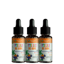 Três frascos contendo um suplemento alimentar líquido para crianças chamado "Vita Rex D3 Kids" da marca Floral Ervas do Brasil. Os frascos têm contas-gotas pretas e rótulos coloridos com ilustrações de uma palmeira, um dinossauro roxo e frutas.