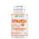 Imune Vit é um suplemento alimentar em cápsulas. O frasco plástico branco contém 60 cápsulas de 450mg cada. O rótulo laranja destaca que o produto combina Vitamina C, Vitamina D, Zinco e Extrato de Própolis.