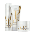 A imagem mostra 3 produtos de Wella Professionals Oil Reflections. Um frasco cilíndrico com shampoo, um tubular de condicionador e um pote redondo de máscara. Todos são brancos com detalhes dourados.
