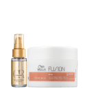 Um óleo em frasco dourado com um aplicador em spray da linha Oil Reflections. E uma embalagem branca retangular contendo uma máscara de tratamento intensivo da linha Fusion, com 150ml de capacidade.