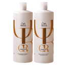 São dois frascos de shampoo Oil Reflections da marca Wella Professionals de 1 litro. Os frascos têm formato cilíndrico e apresentam detalhes em dourado, incluindo o logotipo da Wella e o nome "Oil Reflections.