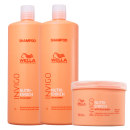 Dois shampoos de 1L e uma máscara de 500ml. Todos com embalagem na cor laranja.