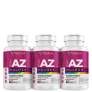Três frascos de suplemento alimentar em cápsulas. O rótulo exibe o logotipo da marca, o nome do produto "AZ Mulher"  e informações como "Suplemento com Cisteína, Vitaminas e Minerais" e "contém 60 cápsulas de 500mg.