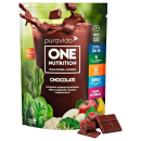 Suplemento alimentar vegano de proteína e nutrientes da marca Puravida, sabor chocolate. Destaca que é 100% à base de plantas, contém 24g de proteína, 11 vitaminas e minerais, 15g de fibras e zero açúcares adicionados