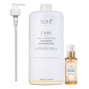 O produto apresentado é uma linha de cuidados capilares da marca Keune. Inclui um shampoo nutritivo de 1000 ml, um tratamento de óleo de 95 ml e uma válvula pump.