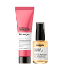 O Kit mostra um leave-in em frasco tubular rosa com tampa preta da linha Pro Longer e um frasco de óleo capilar redondo com frasco dourado e tampa em spray, da linha Absolut Repair.