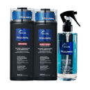 Kit com shampoo, condicionador e leave-in Frizz Zero, da marca TRUSS.