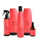 Os itens incluem um frasco spray de 210ml com o rótulo "Acidificante Antidanos", um shampoo 300ml, uma máscara de 250g, um finalizador 250g e um frasco âmbar conta-gotas de 60ml com o rótulo "Restore Booster".