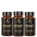 A imagem mostra um kit com três potes redondos marrom com rótulos pretos e letras douradas.