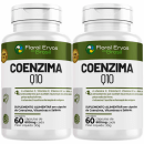 Dois frascos de suplemento alimentar em cápsulas contendo coenzima, vitaminas e selênio. Embalagens contendo 60 cápsulas de 600mg cada. Rótulos verdes com informações sobre os ingredientes e benefícios antioxidantes para proteção das células.