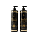 Dois frascos de plástico pretos com detalhes dourados, contendo produtos para cabelos loiros da linha Blond Luxe da marca Paris Cosmetics. Ambos têm bombas dosadoras pretas e indicam serem para uso profissional, com conteúdo de 1 litro cada.