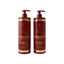 Dois frascos de plástico vermelho com bombas dosasdoras douradas na parte superior. Os frascos têm rótulos com o texto "Paris Bio Therapy" e os números "1" e "2" impressos, indicando que são produtos de um passo a passo.