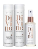 Três produtos da marca Braé: dois frascos de shampoo e condicionador "Absolutely Smooth" e um frasco de máscara capilar "Absolutely Smooth" em embalagens brancas com detalhes em tons de rosa e dourado.