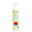 Shampoo de coco Verdena em embalagem plástica branca com bomba dosadora. A embalagem tem fundo amarelo claro com detalhes em azul, verde e vermelho. Apresenta uma ilustração estilizada de uma figura azul com cabelo vermelho e uma gota d'água.