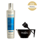 O produto apresentado é um item da marca Prohall Cosmetic. Trata-se de um frasco de 300ml contendo o produto "Select One", que é descrito como um tratamento para cabelos. Além do frasco há um pote preto e um pincel para procedimentos em cabelos.