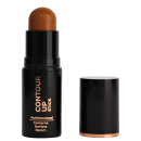 Contour Up Stick da marca Ustē Cosméticos. Um bastão de maquiagem multifuncional para contorno, sombra e batom. Embalagem preta com detalhes em cobre. O bastão tem uma ponta arredondada na cor marrom terrosa. Ao lado tem sua tampa cilíndrica.