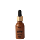 Base mate fluida de cobertura leve da marca Ustē Cosméticos. Frasco de plástico transparente com tampa em conta gotas. Líquido marrom no interior. Rótulo "Base Mate FLUIDA Cobertura leve" e "Multifuncional, Hidrata, Antioxidante, Oil Free".