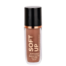 Batom líquido multifuncional Soft Up da marca Ustē Cosméticos. Embalagem cilíndrica transparente contendo um líquido marrom. Tampa preta com detalhe em cobre na parte superior.