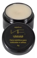 Cera nutritiva para cutículas e unhas da marca Natuflores. Embalagem em pote plástico preto com tampa rosqueada. Rótulo preto com inscrições em amarelo "Natuflores VF Unhas" e "Cera nutritiva para cutículas e unhas 4g".