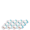 Há doze pacotes de toalhas umedecidas para bebês. Há imagens de dois bebês enrolados em toalhas azuis com estampa de animais. O texto principal destaca "Proteção e Cuidado" e "Toalhas Umedecidas com Vitamina E e Aloe Vera".