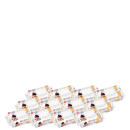 Há doze pacotes retangulares com embalagens brancas e detalhes em laranja. Cada pacote exibe a imagem de um bebê sorridente e o número "120" indicando a quantidade de lenços. O texto "Proteção e Cuidado" está visível nos pacotes.