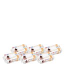 Há seis pacotes retangulares com embalagens brancas e detalhes em laranja. Cada pacote exibe a imagem de um bebê sorridente e o número "120" indicando a quantidade de lenços. O texto "Proteção e Cuidado" está visível nos pacotes.