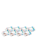 Há oito pacotes de toalhas umedecidas para bebês. Há imagens de dois bebês enrolados em toalhas azuis com estampa de animais. O texto principal destaca "Proteção e Cuidado" e "Toalhas Umedecidas com Vitamina E e Aloe Vera".