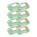 A imagem mostra 8 pacotes de toalhas umedecidas para bebês da marca Bebê Orgânico. A embalagem é retangular e de cor verde clara. Na parte frontal, há ilustrações de um urso, leão e um macaco.