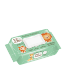 Este é um pacote de toalhas umedecidas para bebês da marca Bebê Orgânico. A embalagem é retangular e de cor verde clara. Na parte frontal, há ilustrações de um urso, leão e um macaco.