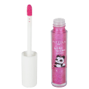 Brilho labial gloss rosa brilhante em frasco plástico transparente com tampa branca. O frasco tem um aplicador de haste branca com ponta esponjosa rosa.