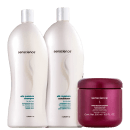 Shampoo e condicionador Senscience Silk Moisture, e um pote vermelho da máscara hidratante Inner Restore Intensif da Senscience. Todos os produtos apresentam o logotipo da marca Senscience.