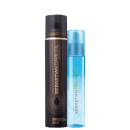 Dois produtos de cuidados capilares da marca Sebastian Professional. Um é perfume capilar 200ml, com rótulo listrado em tons de marrom e dourado. O outro é um protetor térmico "Sebastian Trilliant".