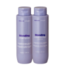 Dois frascos de produtos Braé para cabelos loiros: um shampoo e um condicionador, ambos em embalagens roxas com detalhes em branco e azul, contendo informações sobre a neutralização de tons amarelados.