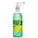 Spray de ambiente com fragrância de ervas cítricas. Embalagem plástica transparente verde de 500ml com acionador spray branco. Rótulo com imagem de folhas verdes e limões amarelos. Texto "Alop Aromas" e "Sete Ervas Limão" visível na embalagem.