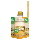 Difusor de ambiente de 250ml com varetas. A embalagem tem rótulos verdes com o logotipo "Alop Aromas" e um rótulo laranja com o texto "Flor de Laranjeiro". A parte central da embalagem apresenta uma imagem de flores brancas.
