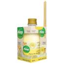 Difusor de ambiente de 250ml com tampa amarela rosqueada e varetas de nabdeura. A embalagem é retangular com fundo branco e detalhes em verde, exibindo a imagem de flores amarelas.  As cores predominantes são branco, amarelo, verde e marrom claro.