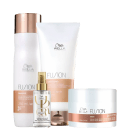 A imagem mostra 3 produtos da linha Fusion da marca Wella. Um shampoo e um condicionador em frasco tubular em embalagens branca e rosa. O segundo é um óleo capilar em um frasco transparente com tampa dourada. O terceiro é uma máscara em um pote branco.