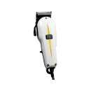 Aparelho de corte de cabelo elétrico da marca Wahl, com design compacto e branco, com detalhes em preto e amarelo. Possui lâminas e um cabo para uso.