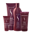 Produtos da marca Senscience, incluindo condicionador, shampoo, máscara hidratante e leave-in, todos em tons de roxo.