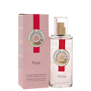Frasco de perfume da marca Roger & Gallet, com embalagem rosa e vermelha, contendo o nome "Rose" e o logotipo da marca. O produto é descrito como uma "Eau Parfumée Bienfaisante", ou seja, uma água de perfume benéfica.